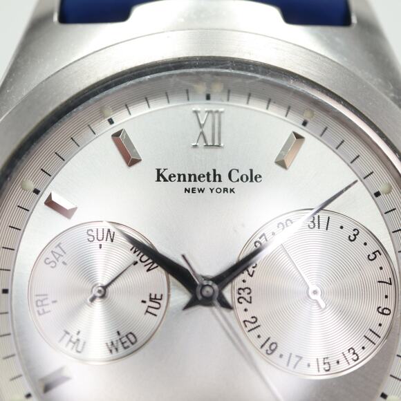 Kenneth Cole NY Mens Day Date Watch 37mm Silver Tone Blue Silicone w New Battery - Picture 7 of 16